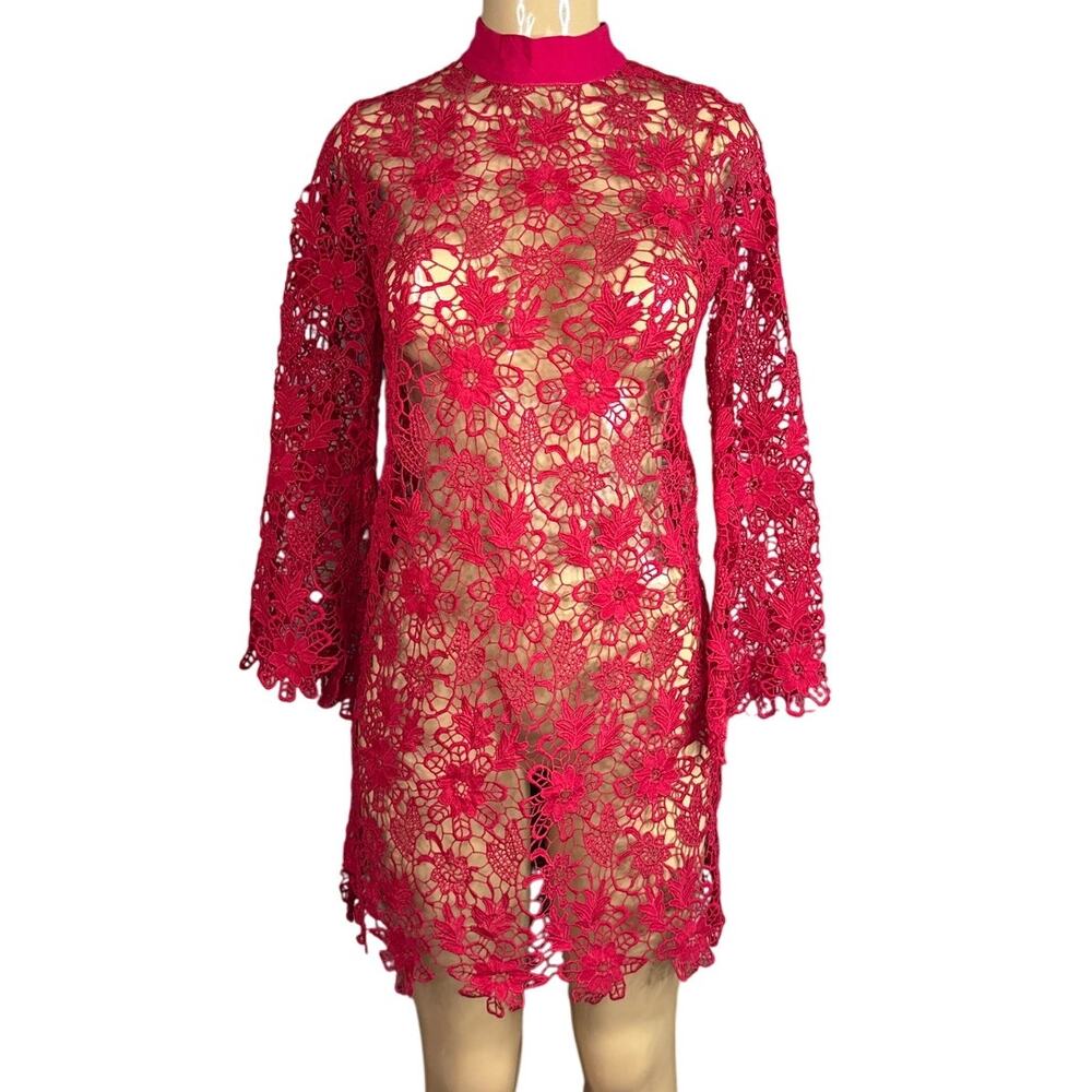 Hale Bob Crocheted Lace Dress Long Bell Sleeve Red Size Small Medium